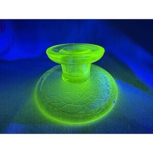 Uranium Vaseline Depression Glass Crackle Candlestick L.E Smith By Cracky GLOWS